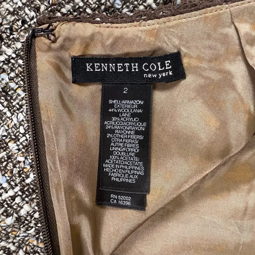 Kenneth Cole Tweed Pencil Skirt 2 Brown Taupe Boucle Fringe Hem Wool Blend Lined
